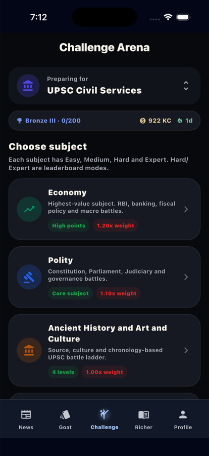 Challenge Arena subject list